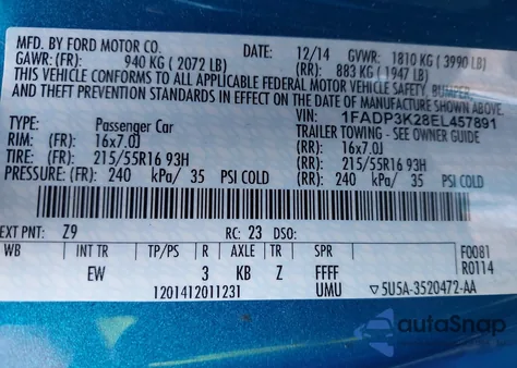 2014 Ford Focus Se z USA, uszkodzony, nr VIN 1FADP3K28EL457891